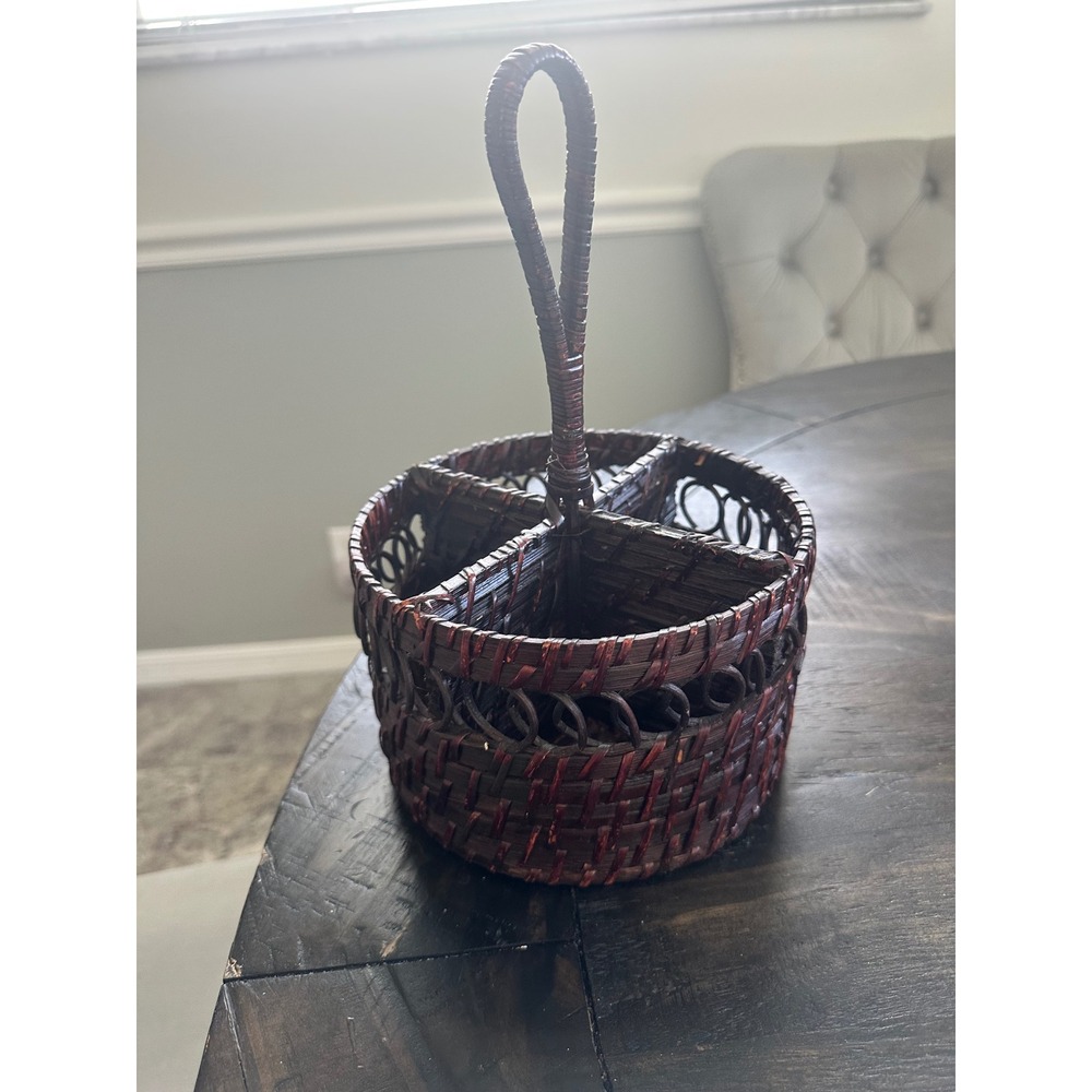 Woven Wicker Utensil Caddy Dark Brown Round 4 Compartment Silverware Holder 7in